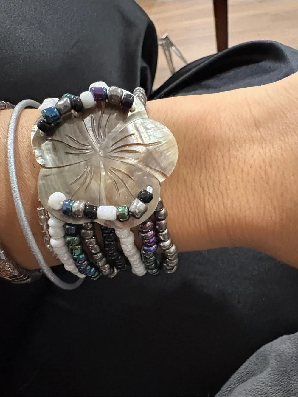 Beaded Multi-Row Bracelet with Carved Floral Accent - White, Black, Iridescent